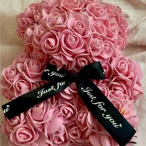 Pink Rose Teddy Bear with Ribbon